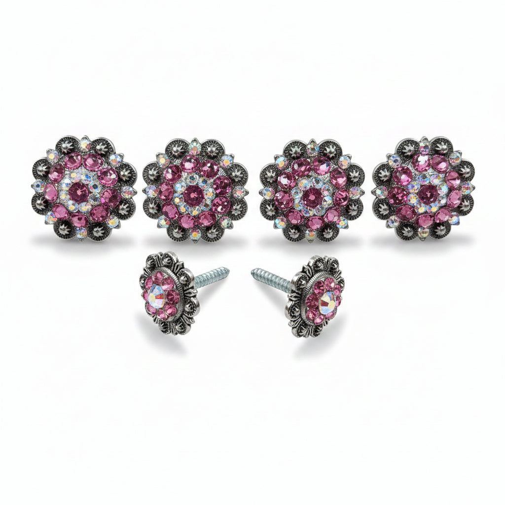 Antique Silver Pink - AB Crystal Conchos | Sizes 1"- 3" | Buckles | Saddle Set | Leather Rosettes | Slide — view 11