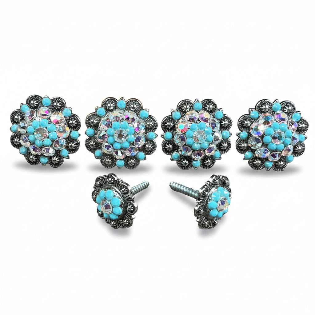 Antique Silver Turquoise - AB Crystal Conchos | Sizes 1"- 3" | Buckles | Saddle Set | Leather Rosettes | Slide — view 11
