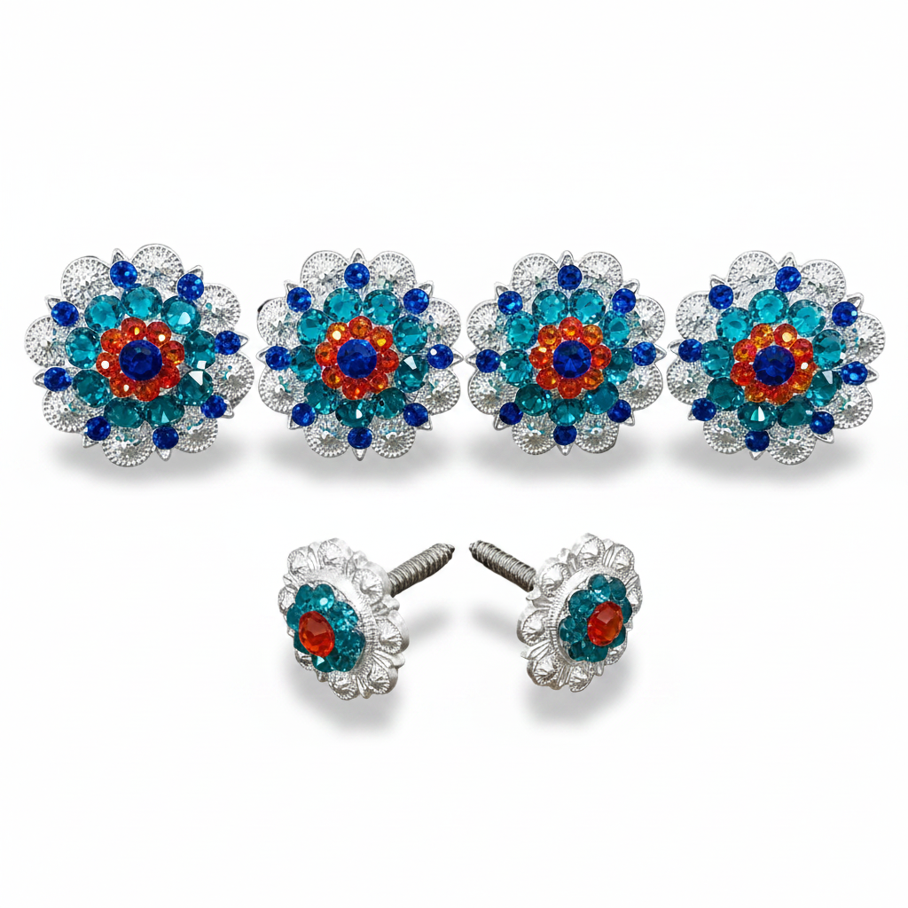 Bright Silver Capri Fire Opal & Teal Saddle Conchos — view 2