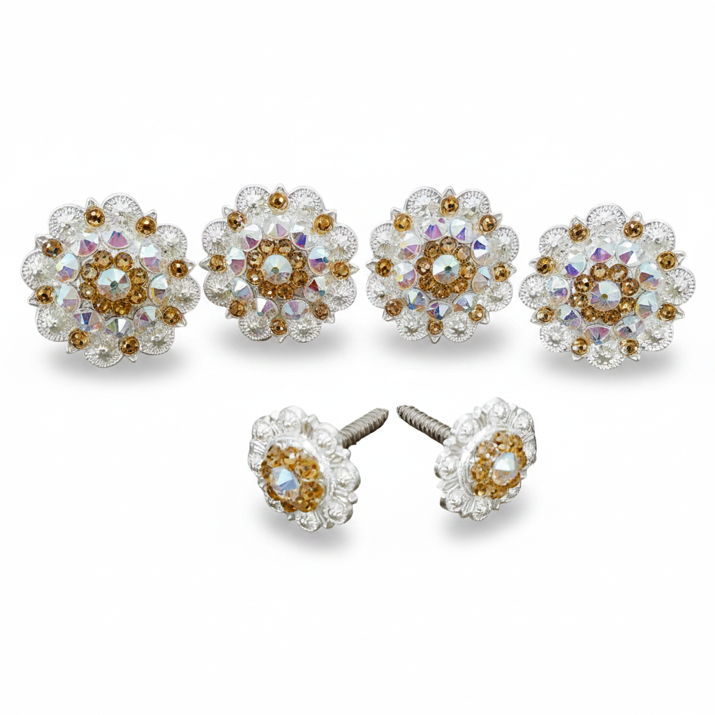 Bright Silver Champagne - AB Crystal Conchos | Sizes 1"- 3" | Buckles | Saddle Set | Leather Rosettes | Slide — view 8