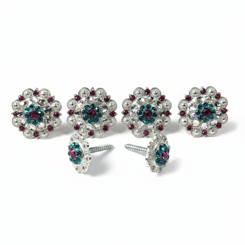 Bright Silver Fuchsia Teal & Clear Saddle Conchos — view 2