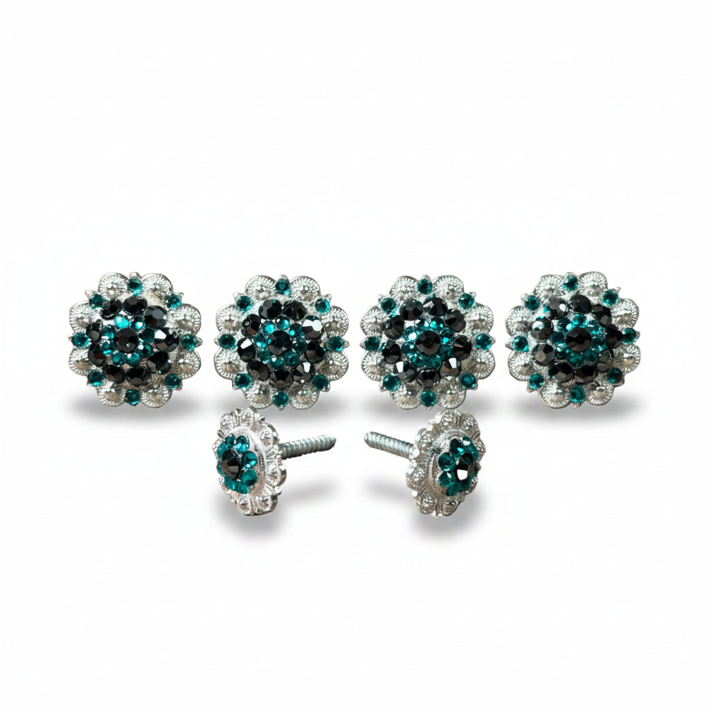 Bright Silver Jet & Teal Saddle Conchos — view 2