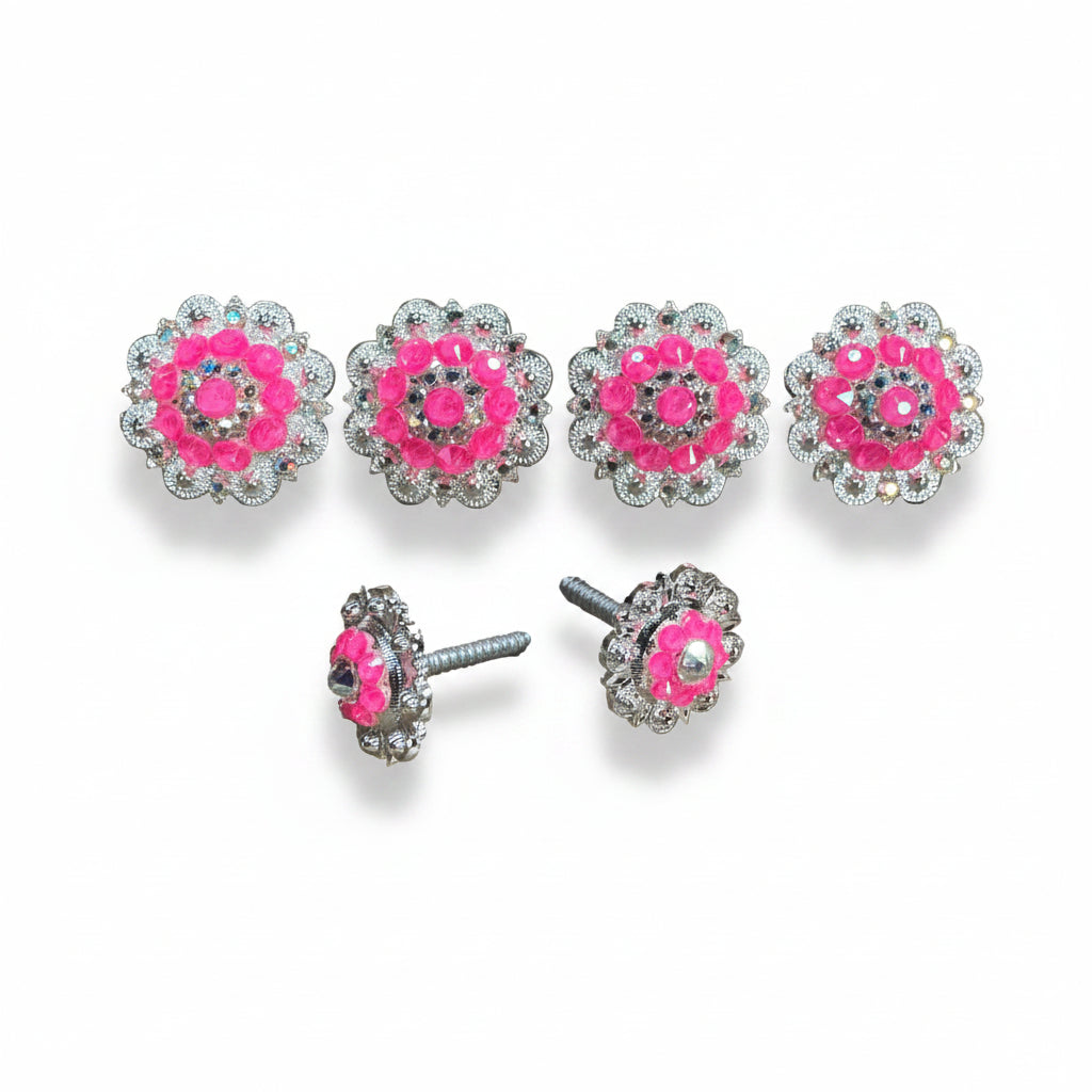 Bright Silver Neon Pink - AB Crystal Conchos | Sizes 1"- 3" | Buckles | Saddle Set | Leather Rosettes | Slide — view 8