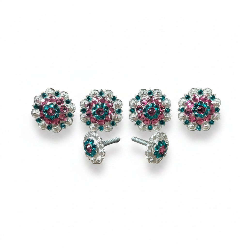 Bright Silver Pink & Teal Saddle Conchos — view 2