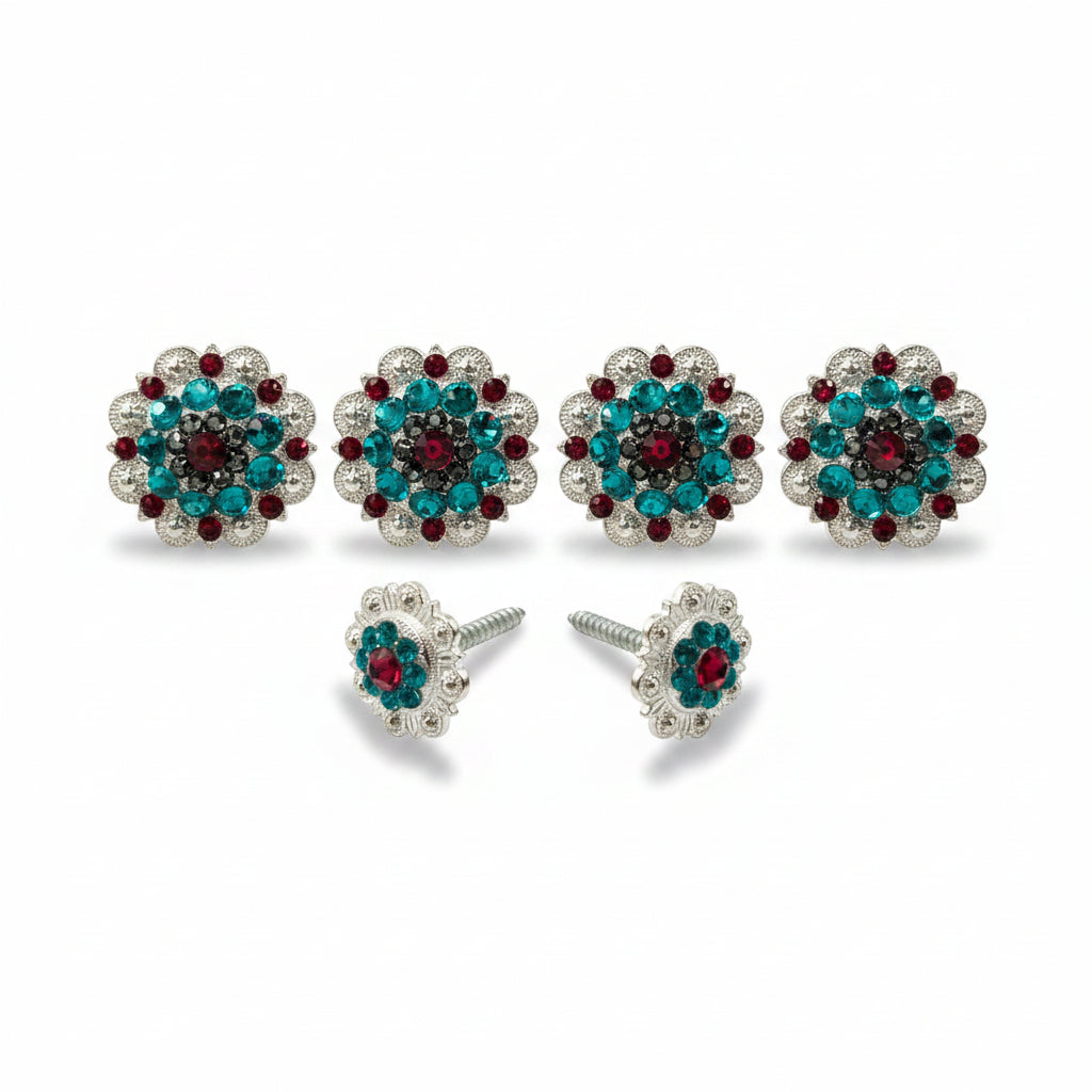 Bright Silver Ruby Jet & Teal Saddle Conchos — view 2