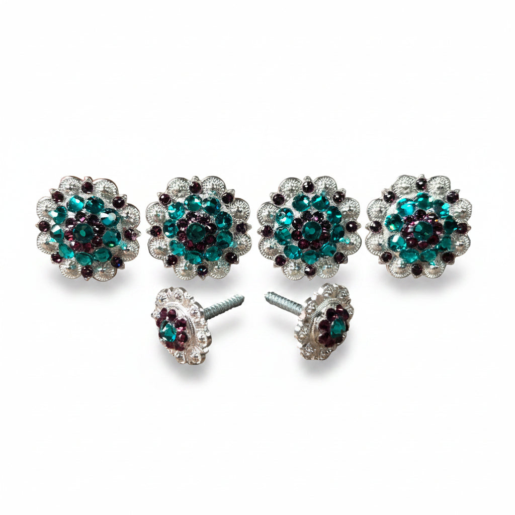 Bright Silver Teal & Amethyst Saddle Conchos — view 2