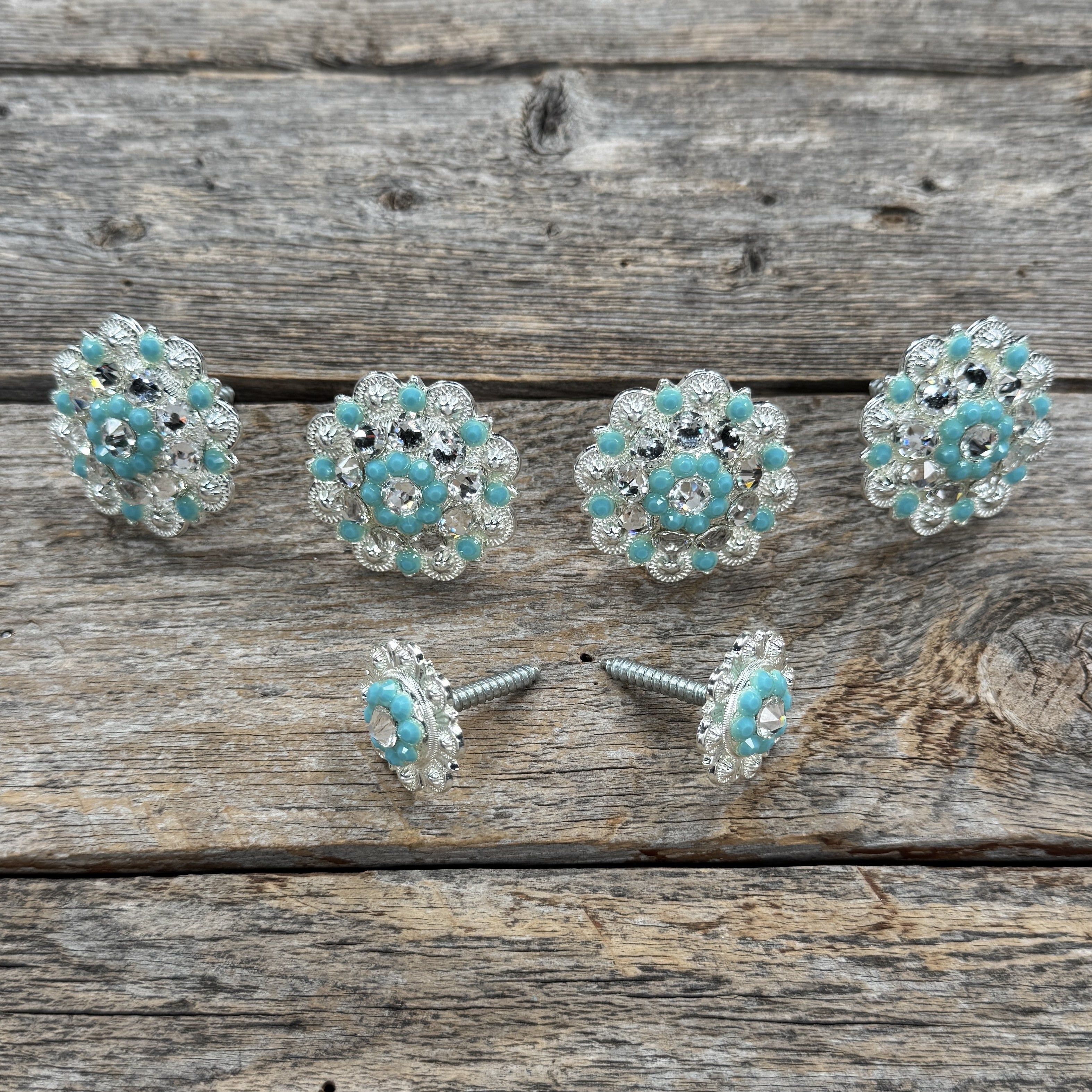Bright Silver Turquoise & Clear Saddle Conchos