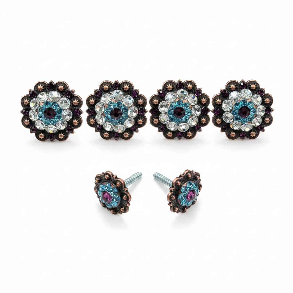 Copper Amethyst - Aqua - Clear Crystal Conchos | Sizes 1"- 3" | Buckles | Saddle Set | Leather Rosettes | Slide — view 11