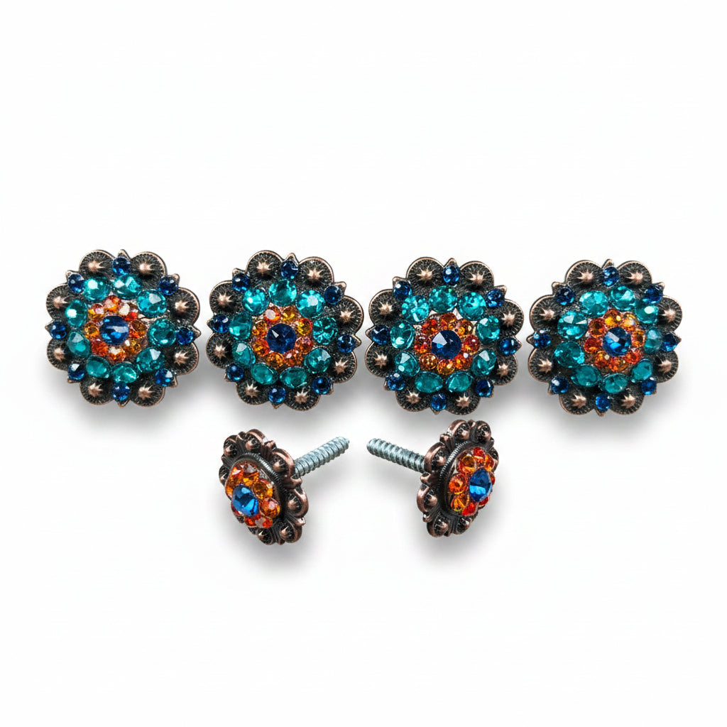 Copper Capri - Fire Opal - Teal Crystal Conchos | Sizes 1"- 3" | Buckles | Saddle Set | Leather Rosettes | Slide — view 11