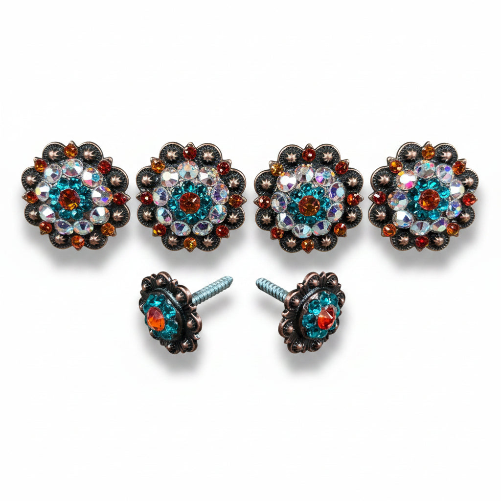 Copper Fire Opal - Teal - AB Crystal Conchos | Sizes 1"- 3" | Buckles | Saddle Set | Leather Rosettes | Slide — view 11
