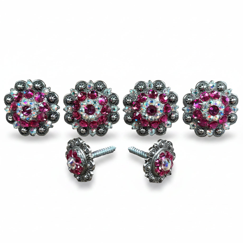 Antique Silver Fuchsia - AB Crystal Conchos | Sizes 1"- 3" | Buckles | Saddle Set | Leather Rosettes | Slide — view 11