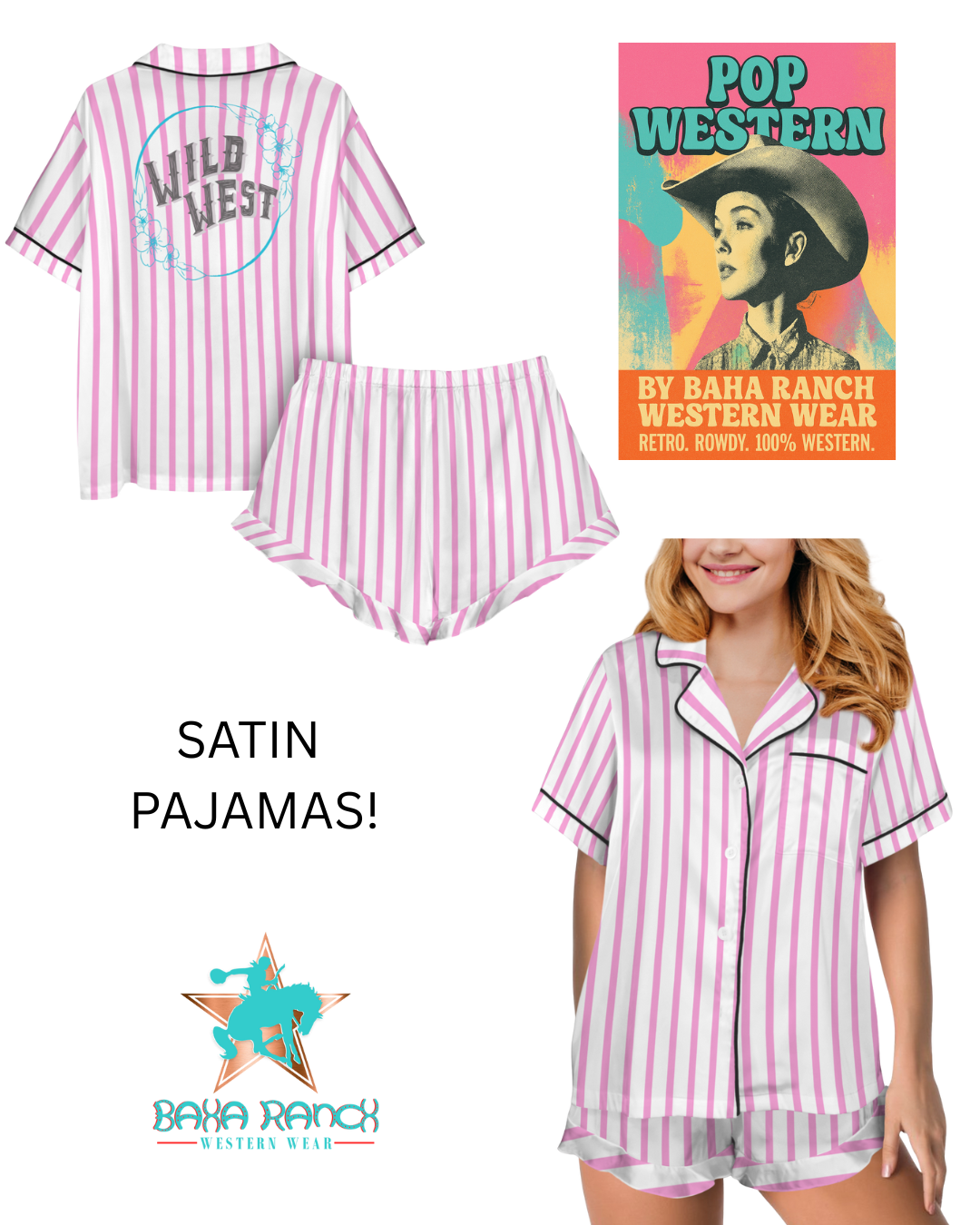 Baha Ranch Retro Pop Western Wild West Pink Pin Stripe Satin Pajamas by Baha Ranch Western Wear - product image 3