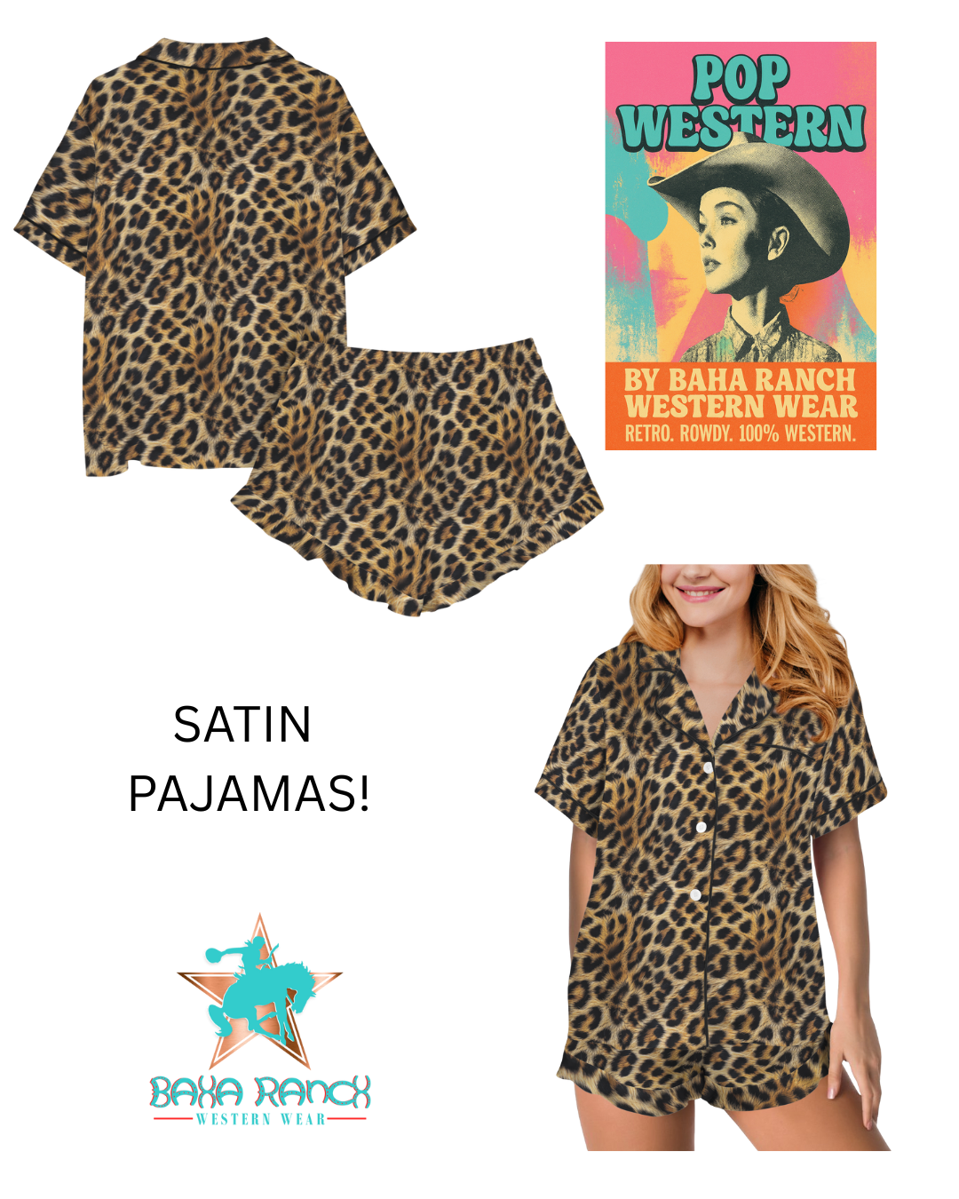 Baha Ranch Retro Pop Western Wild Leopard Satin Pajamas by Baha Ranch Western Wear