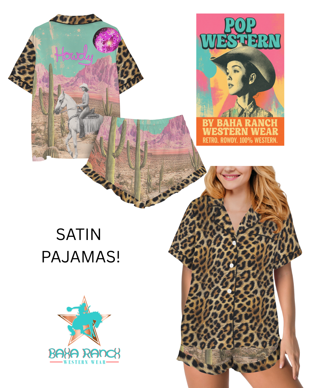 Baha Ranch Retro Pop Western Leopard Desert Cowgirl Satin Pajamas by Baha Ranch Western Wear - product image 3