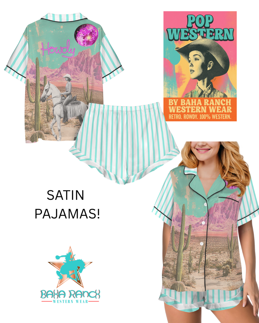 Baha Ranch Retro Pop Western Howdy Desert Cowgirl Satin Pajamas by Baha Ranch Western Wear - product image 2