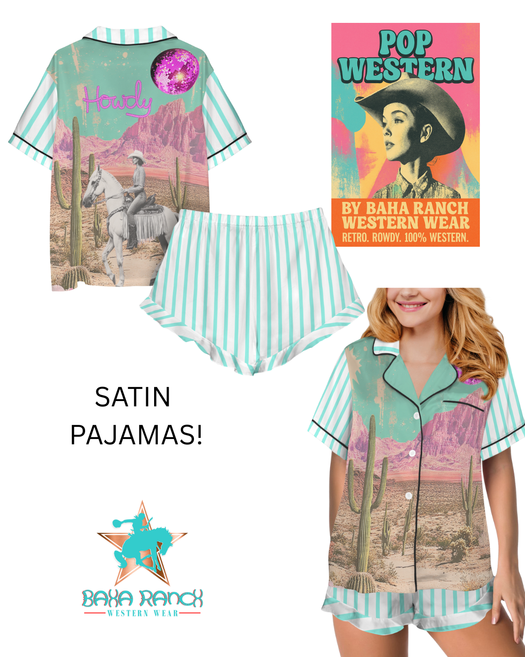 Baha Ranch Retro Pop Western Howdy Desert Cowgirl Satin Pajamas by Baha Ranch Western Wear - product image 2