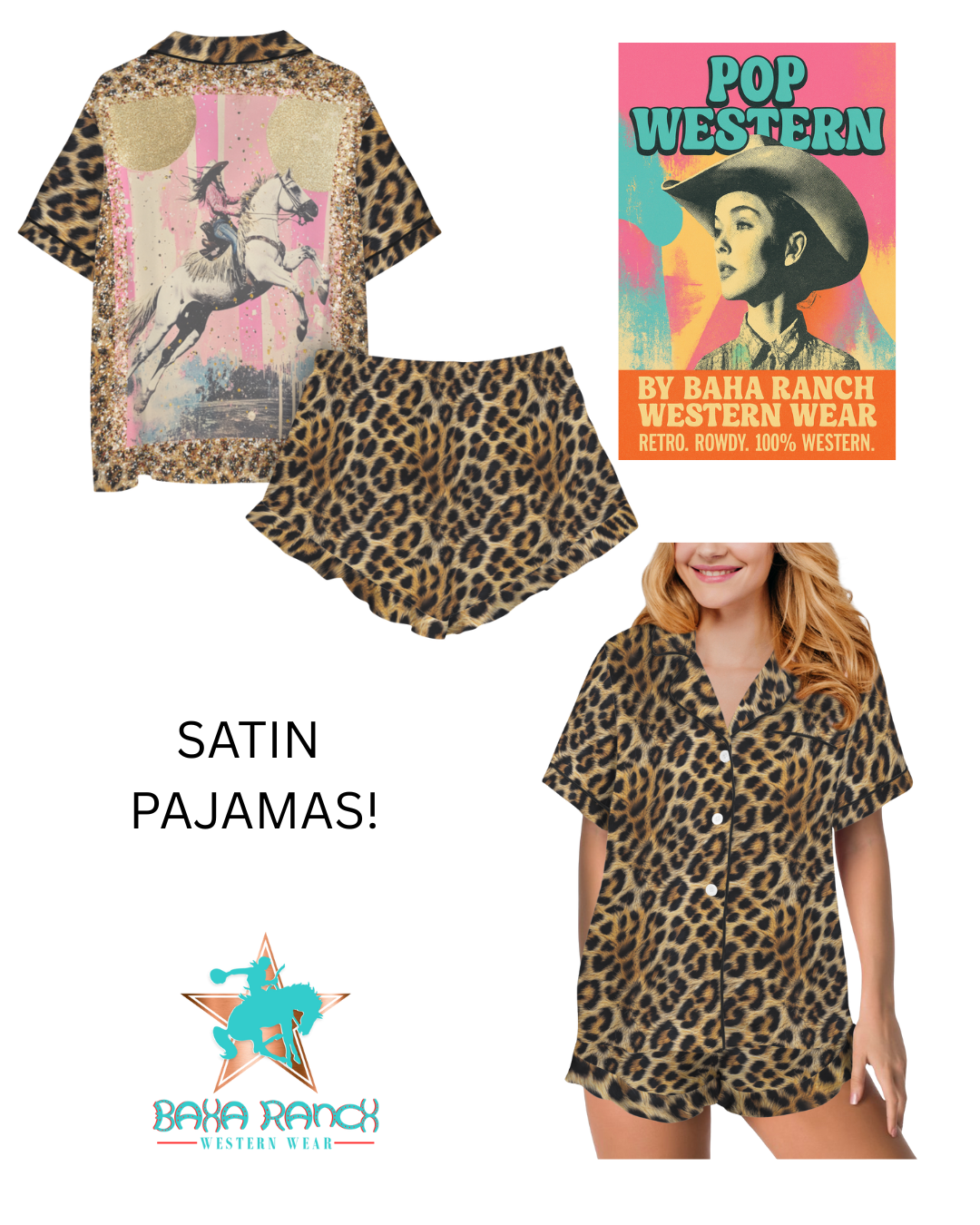 Baha Ranch Retro Pop Western Leopard Cowgirl Satin Pajamas by Baha Ranch Western Wear - product image 3