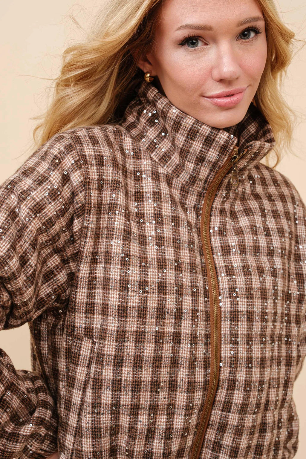 Sloane Sequin Plaid Puffer | Jacket — view 5