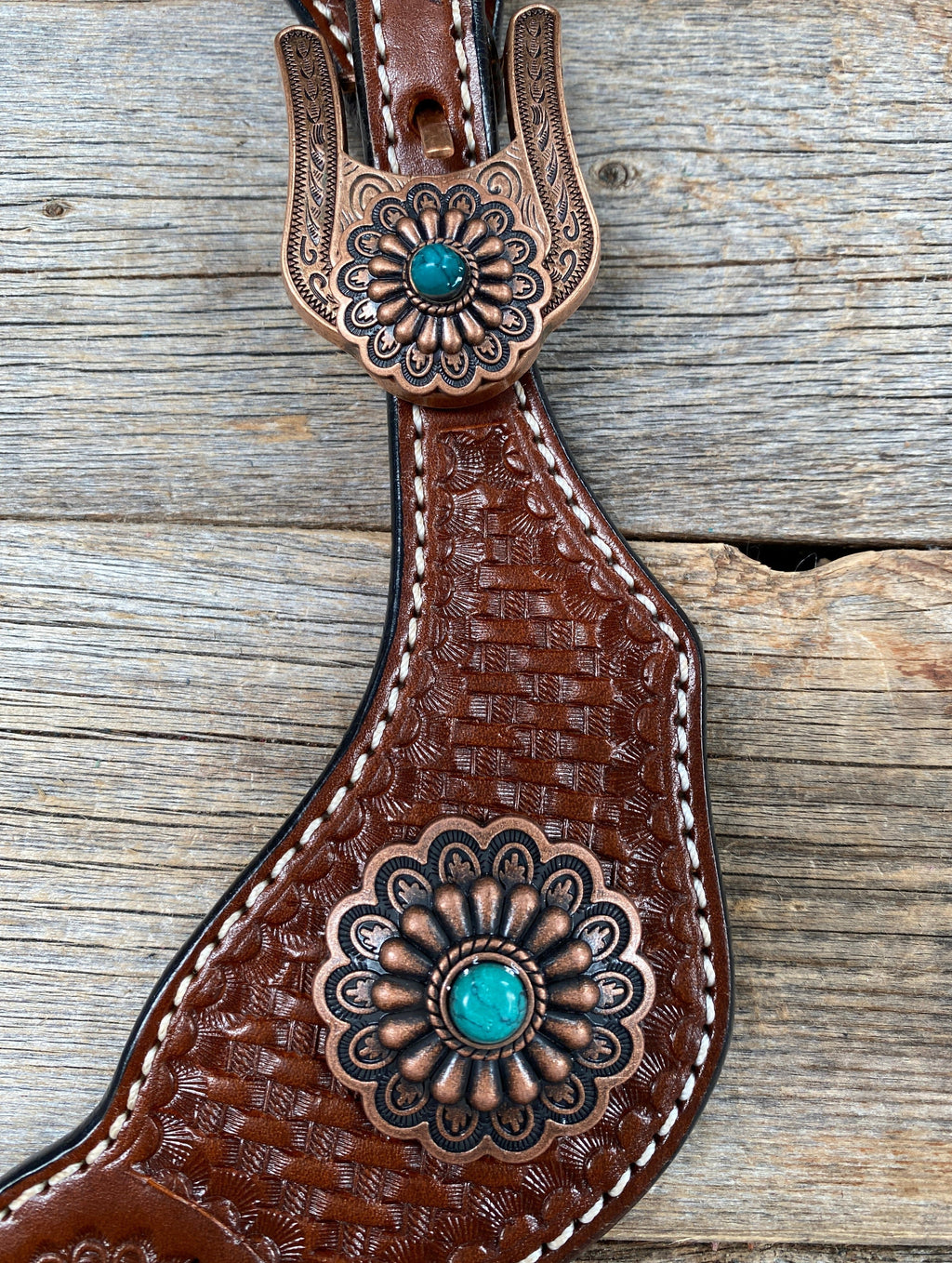 Medium Basketweave Spur Straps - Copper Flower Western Conchos #SS113 — view 2