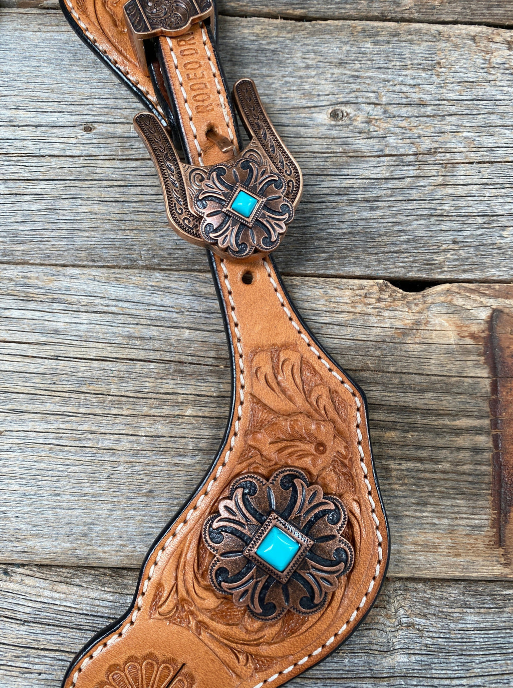 Light Floral Spur Straps - Copper Fleur-De-Lis Western Conchos #SS114 — view 2