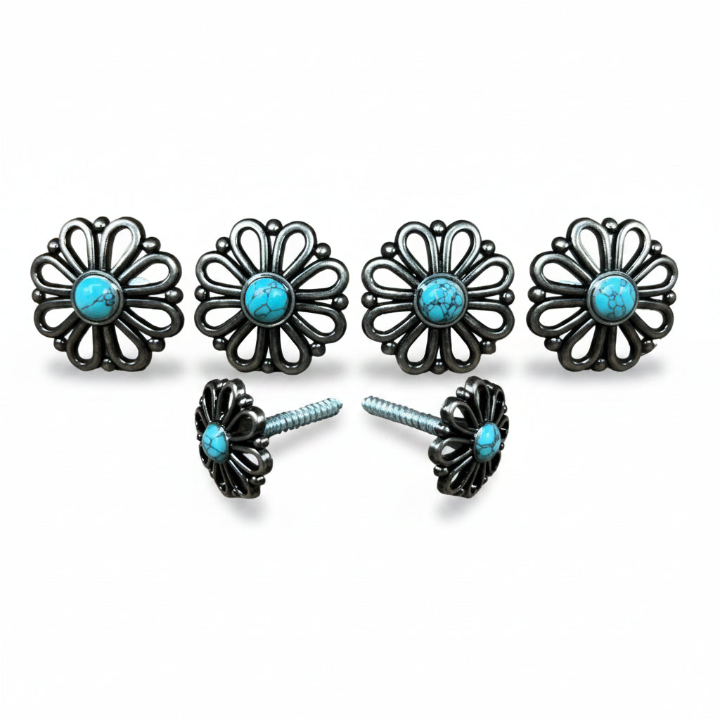 Antique Silver Turquoise Flower Western Concho W231 — view 5