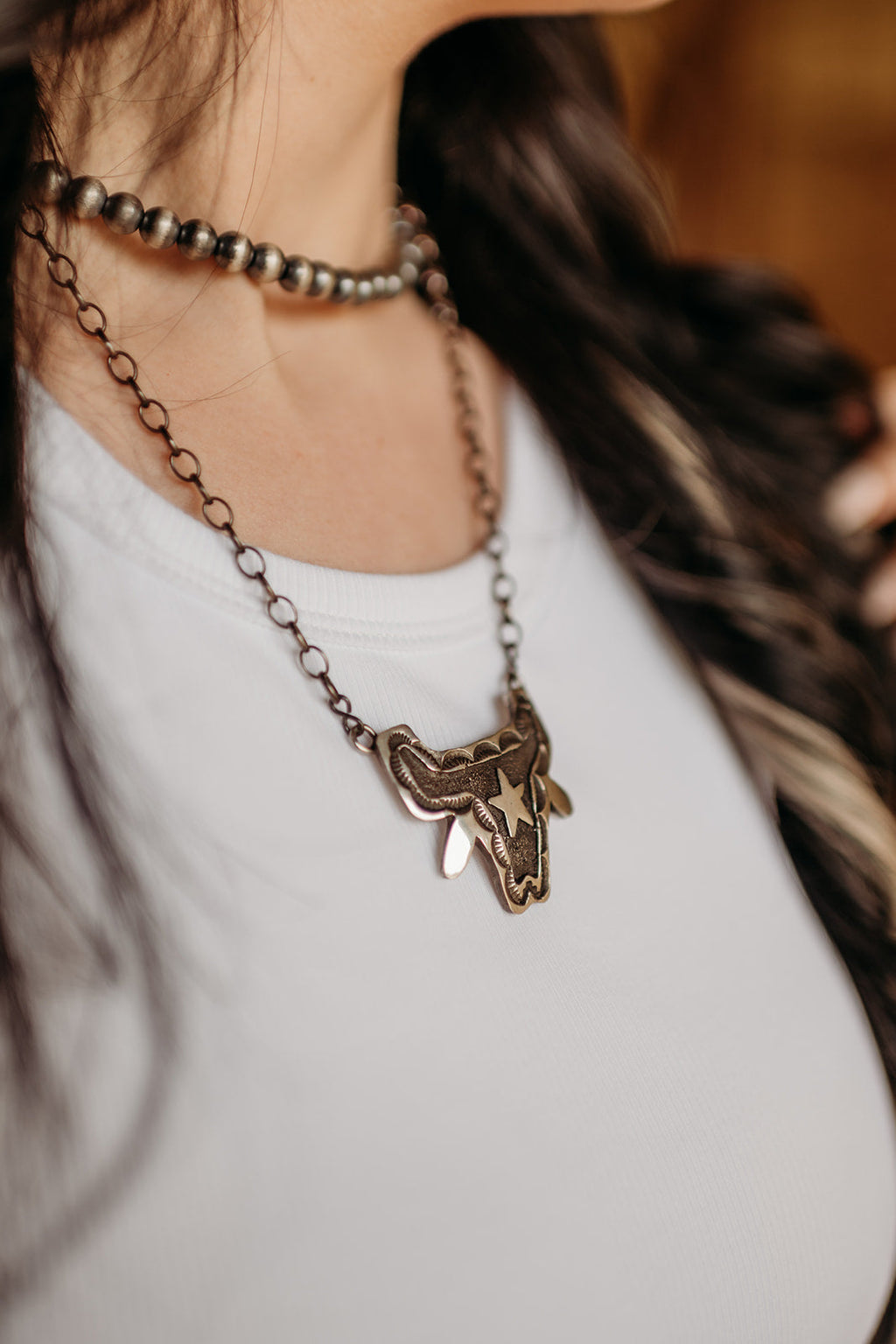 Sterling Silver Bull Skull Necklace By Emerson Kinsel — view 2