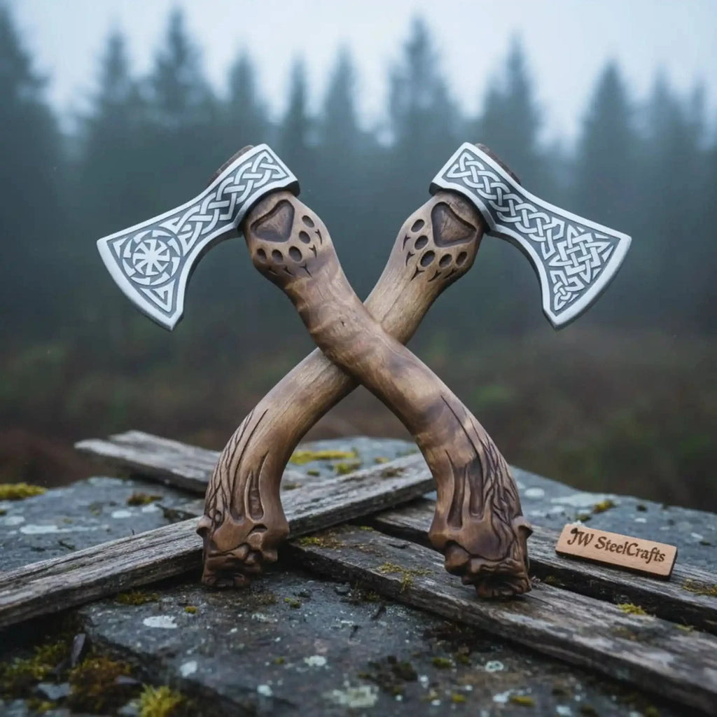 Hand Engraved Norse Viking Bearded Axe Set – Celtic Knot Steel Heads with Carved Hardwood Handles