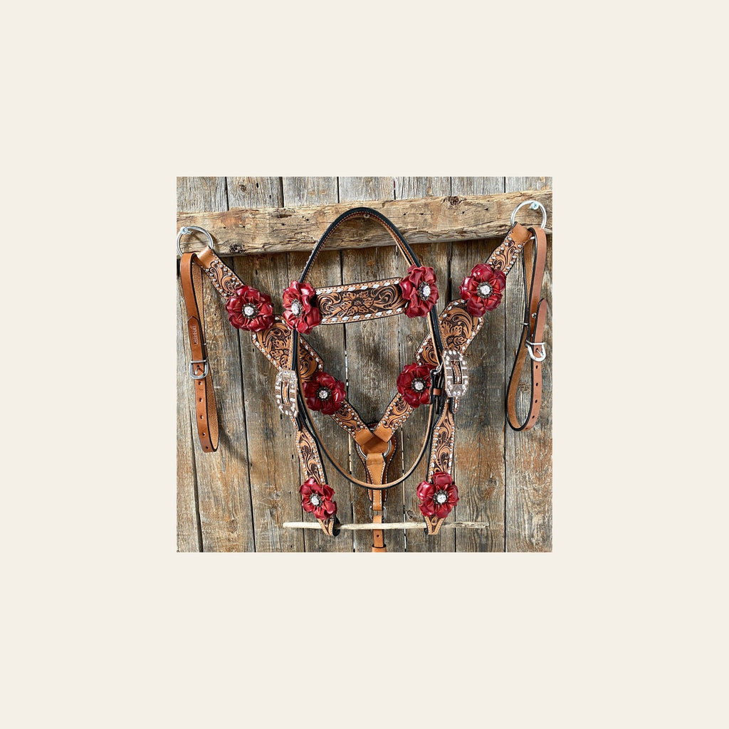 Silver Buckstitch Flower Browband Headstall & Breastcollar Set #BBBC405 on a warm cream background