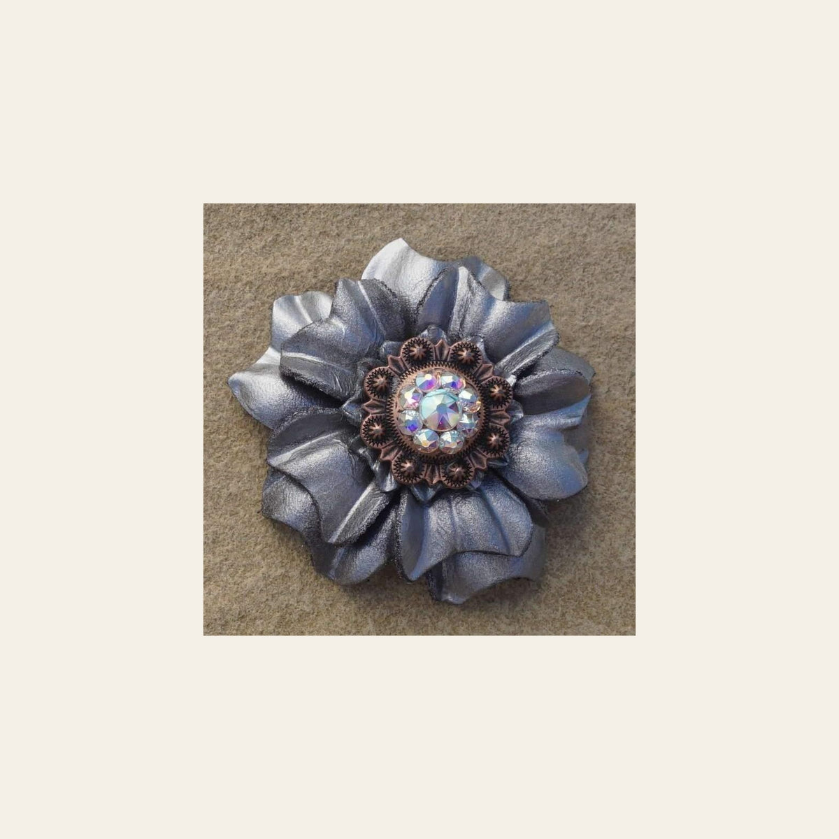 Silver Carnation Flower With Copper AB 1" Concho on a warm cream background