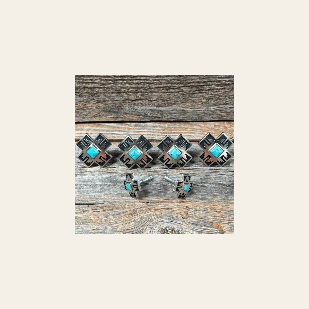 Southwest Antique Silver Turquoise Saddle Set SSW201 on a warm cream background