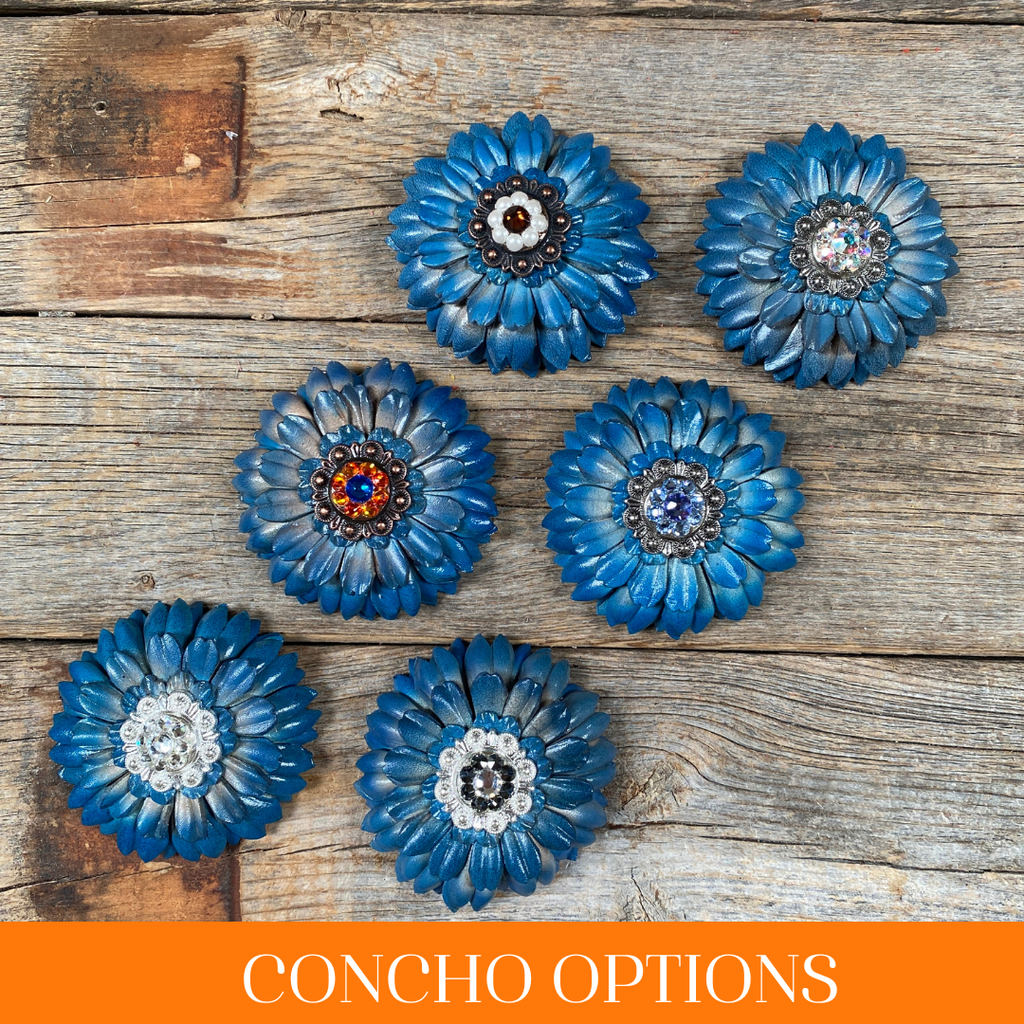 Turquoise Daisy Leather Flowers - 1" Crystal Conchos - Options