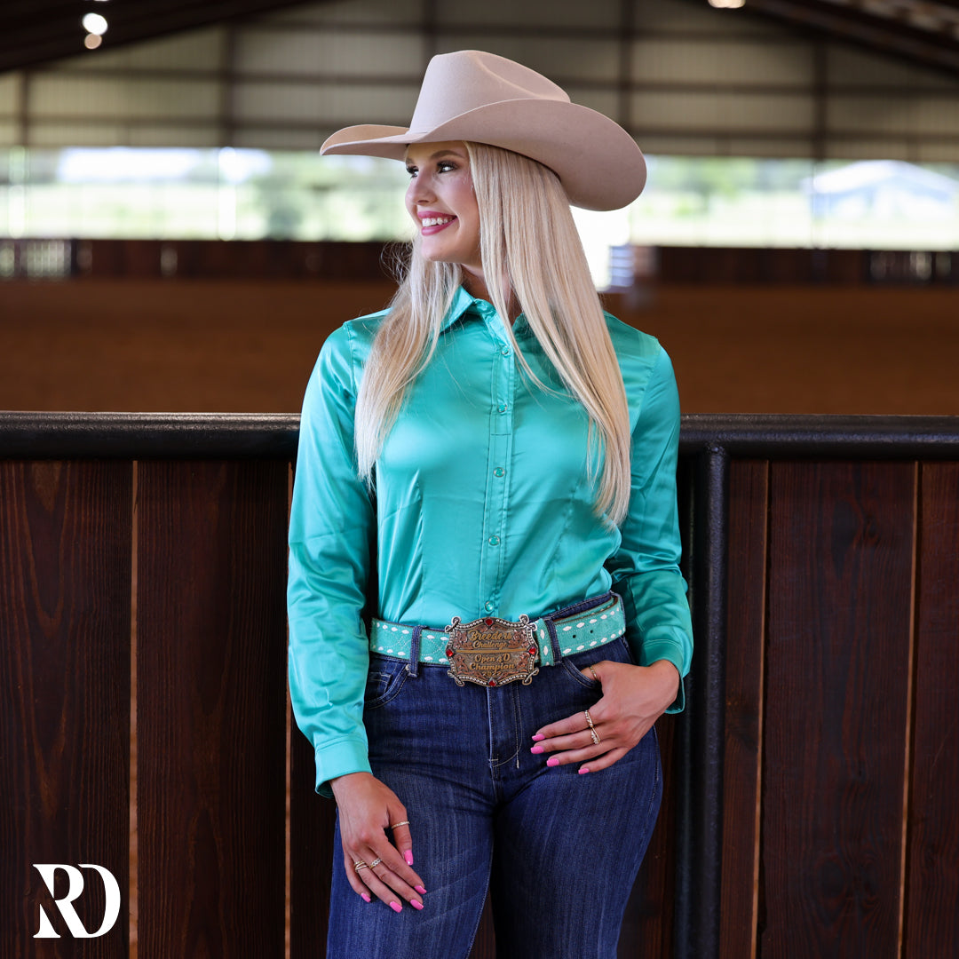 Turquoise Satin Performance Rodeo Shirt — view 3