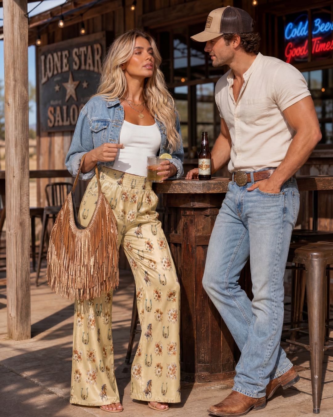 Baha Ranch Country Girl Floral Horse High Waisted Wide Leg Pants by Baha Ranch Western Wear