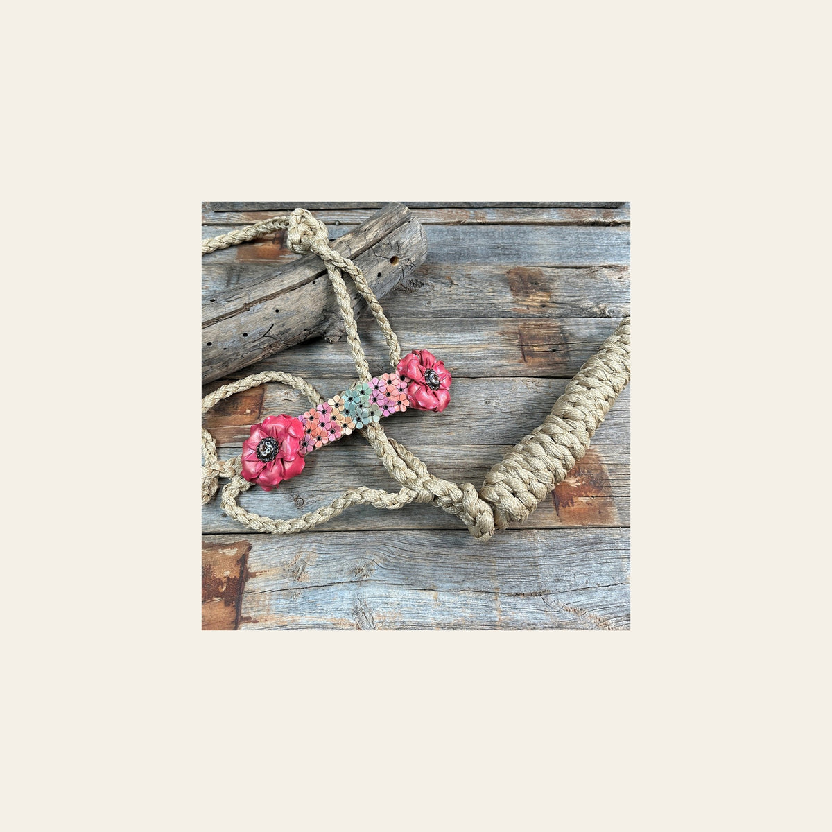Tan Mule Tape Halter - Multi Floral and Clear #MT227 on a warm cream background
