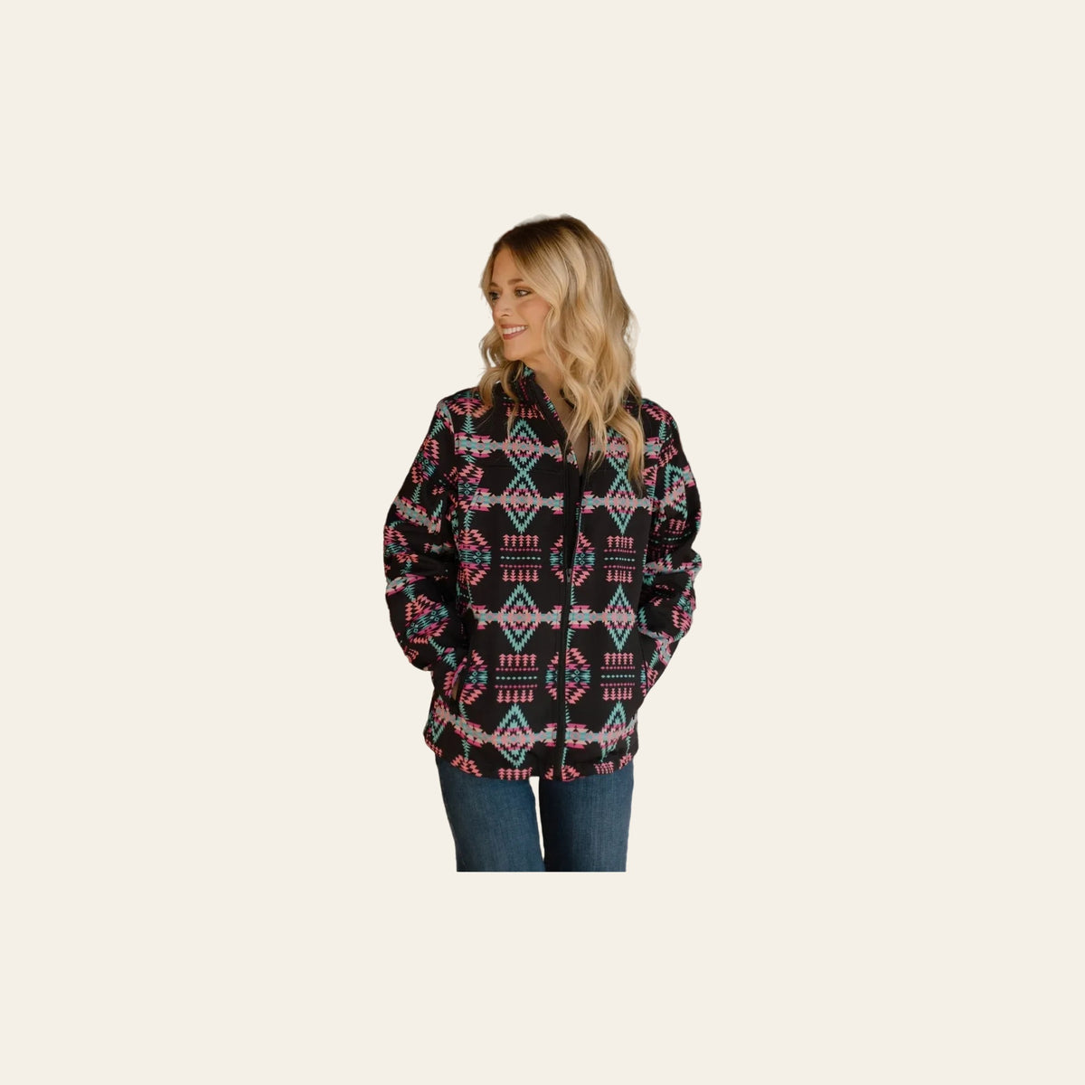 The Neon Cowgirl Aztec | Jacket on a warm cream background