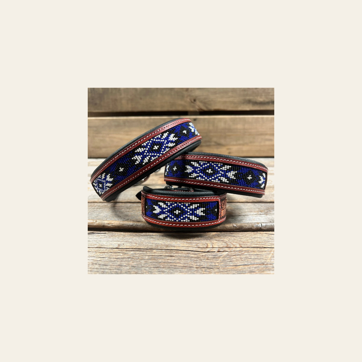 Tooled Blue and White Genuine Leather Beaded Dog Collar #DC440 on a warm cream background