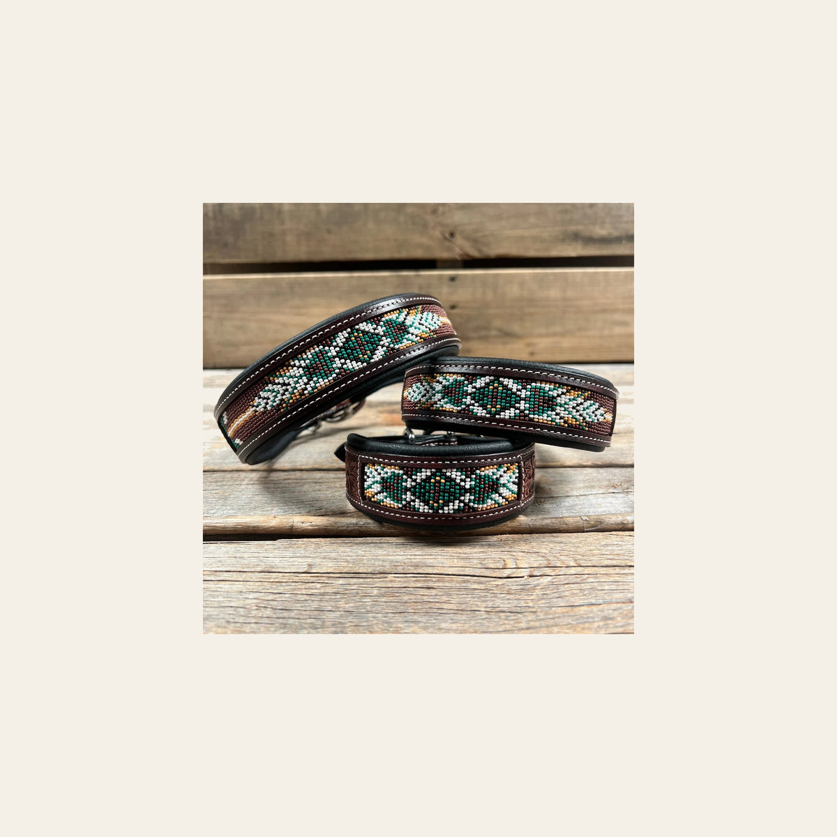Tooled Green and Brown Genuine Leather Beaded Dog Collar #DC447 on a warm cream background