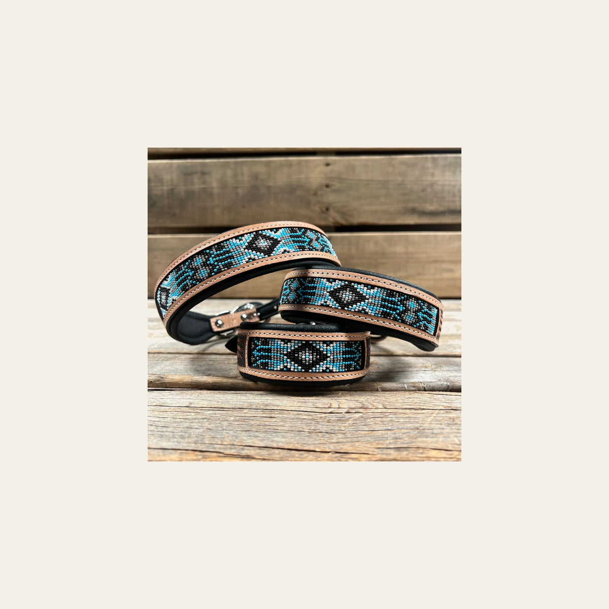 Tooled Light Blue and Black Genuine Leather Beaded Dog Collar #DC446 on a warm cream background