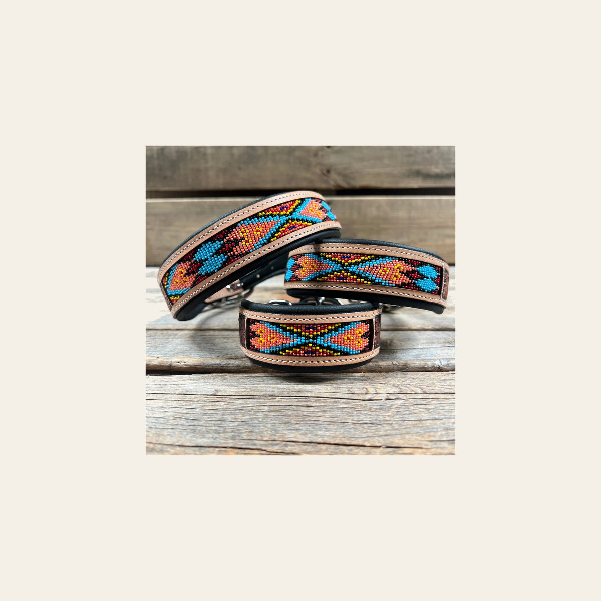 Tooled Peach and Red Genuine Leather Beaded Dog Collar #DC444 on a warm cream background