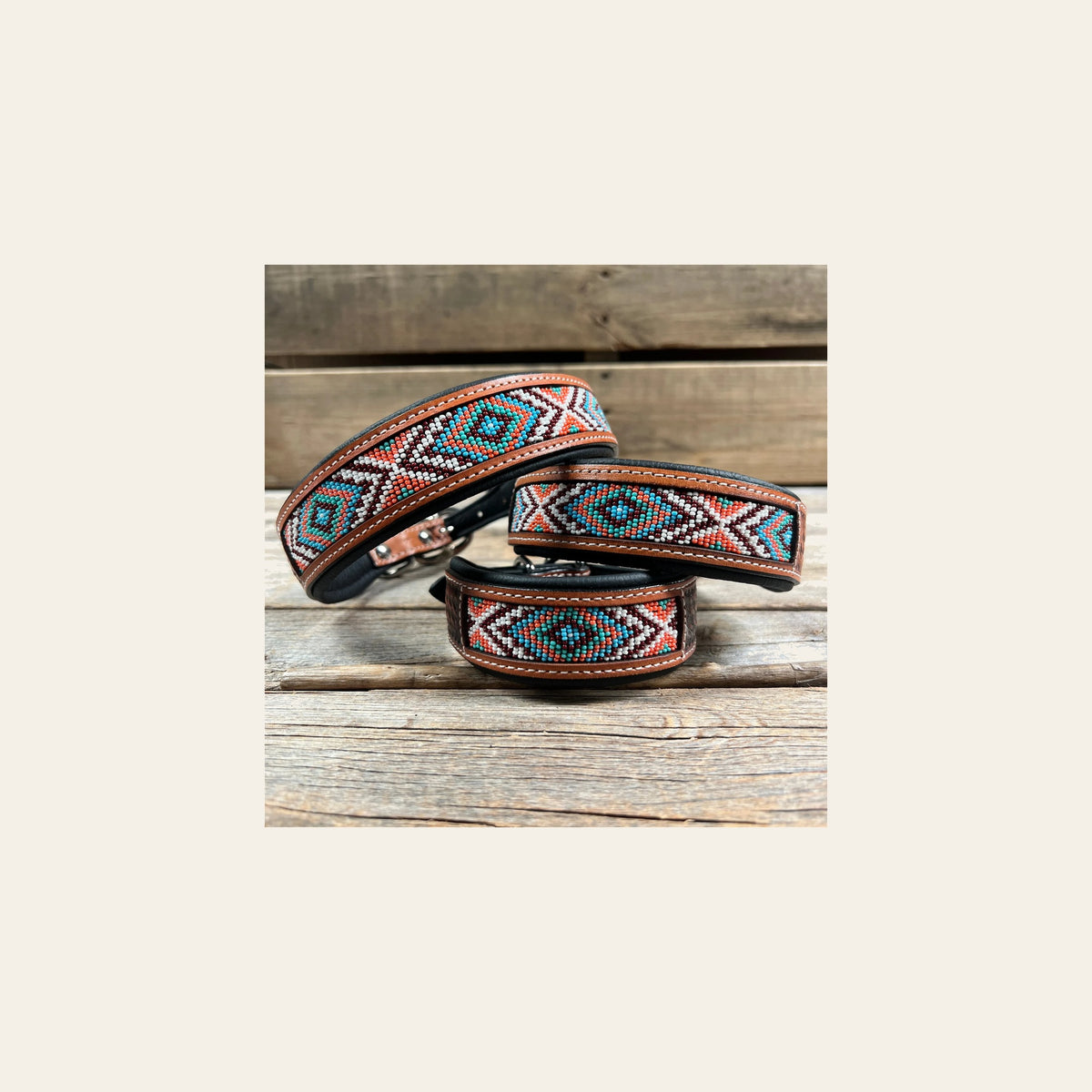 Tooled Peach and Turquoise Genuine Leather Beaded Dog Collar #DC443 on a warm cream background