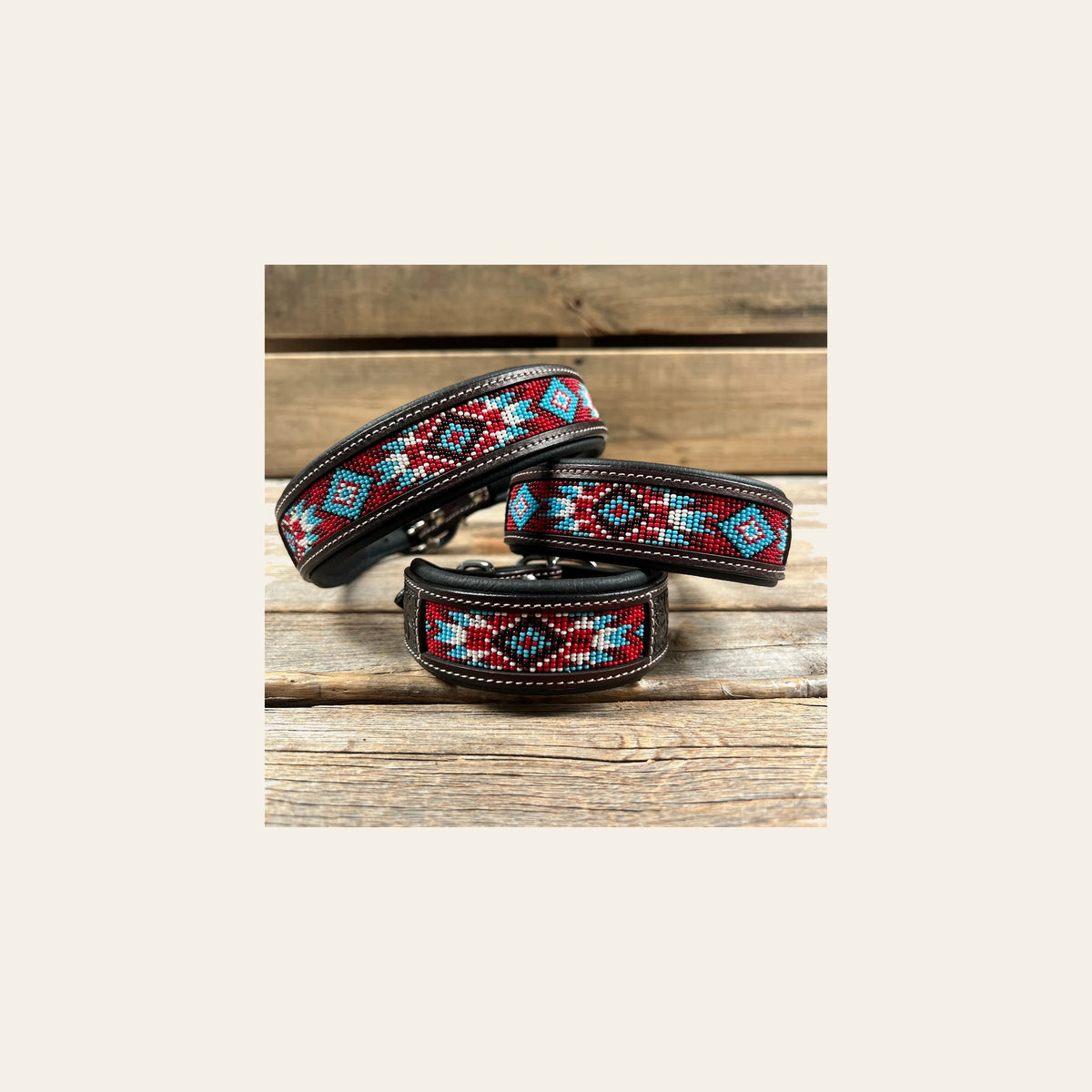 Tooled Red and Blue Genuine Leather Beaded Dog Collar #DC442 on a warm cream background