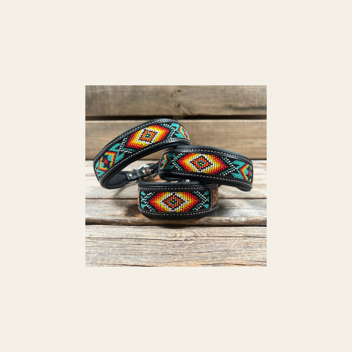 Tooled Turquoise and Black Genuine Leather Beaded Dog Collar #DC448 on a warm cream background