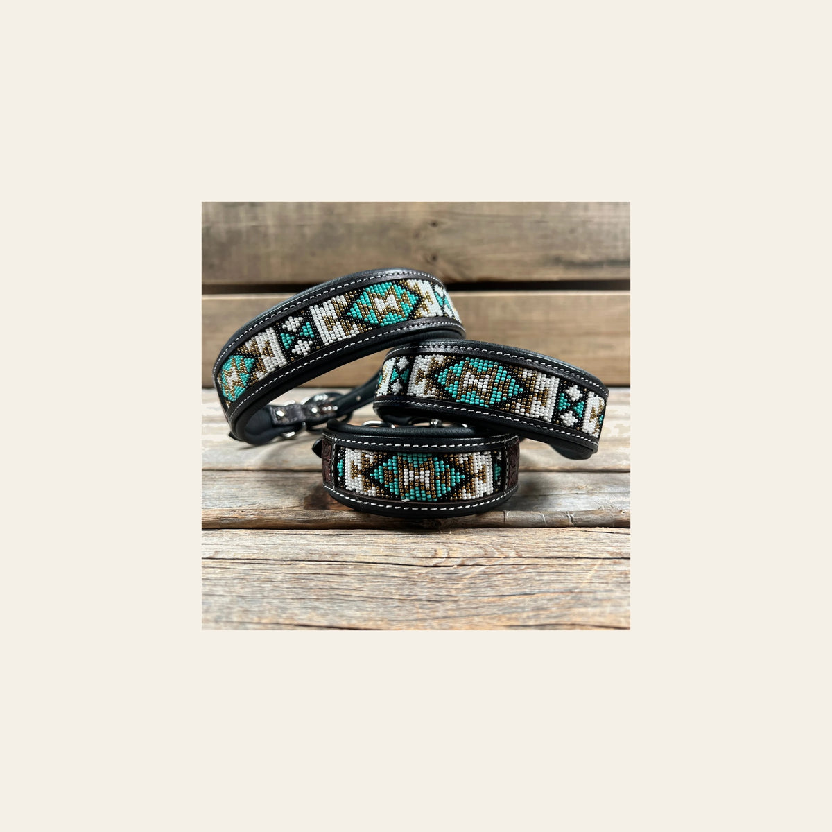 Tooled Turquoise and Gold Genuine Leather Beaded Dog Collar #DC449 on a warm cream background