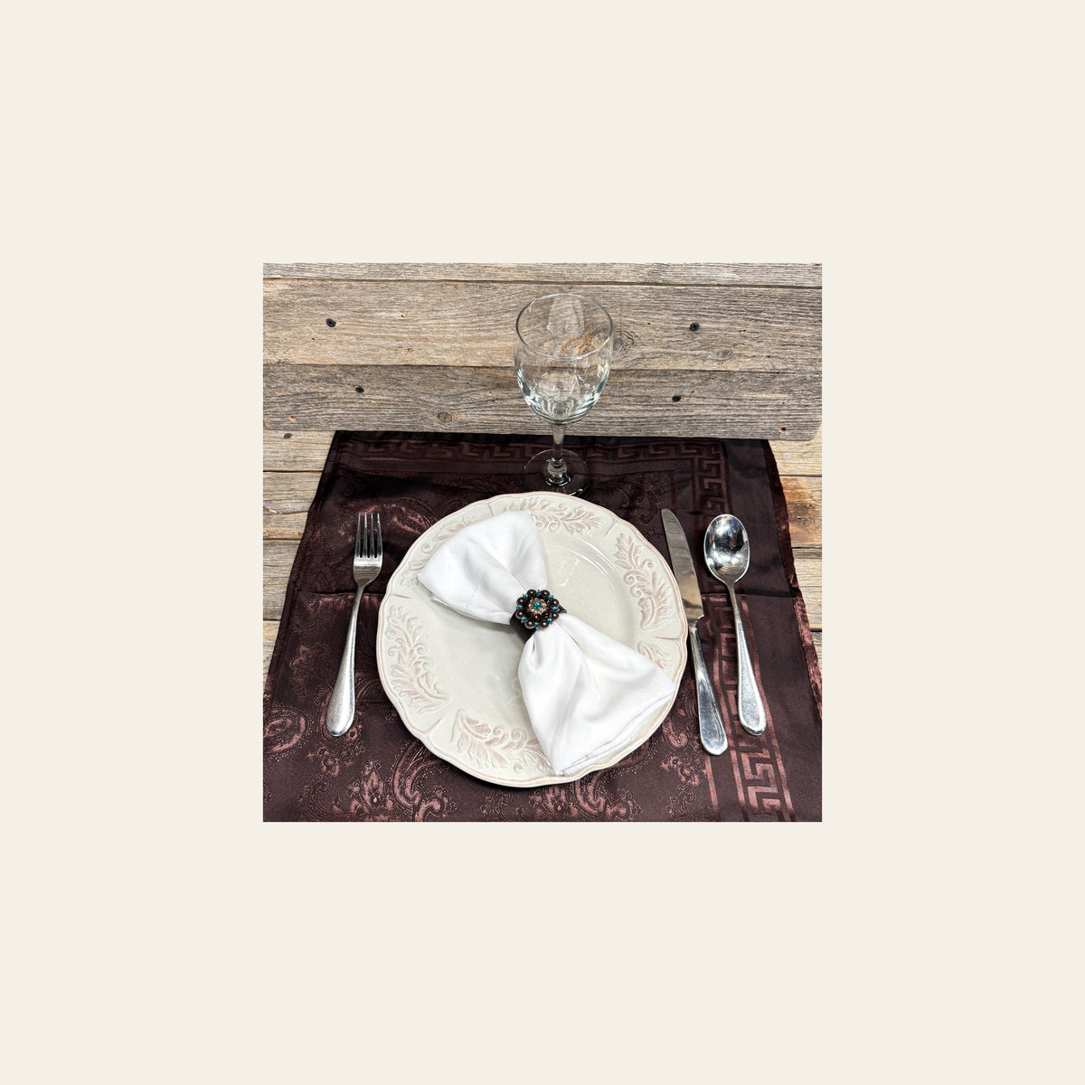 Copper Teal/Champagne/Topaz Crystal Concho Napkin Ring #CNR102 on a warm cream background