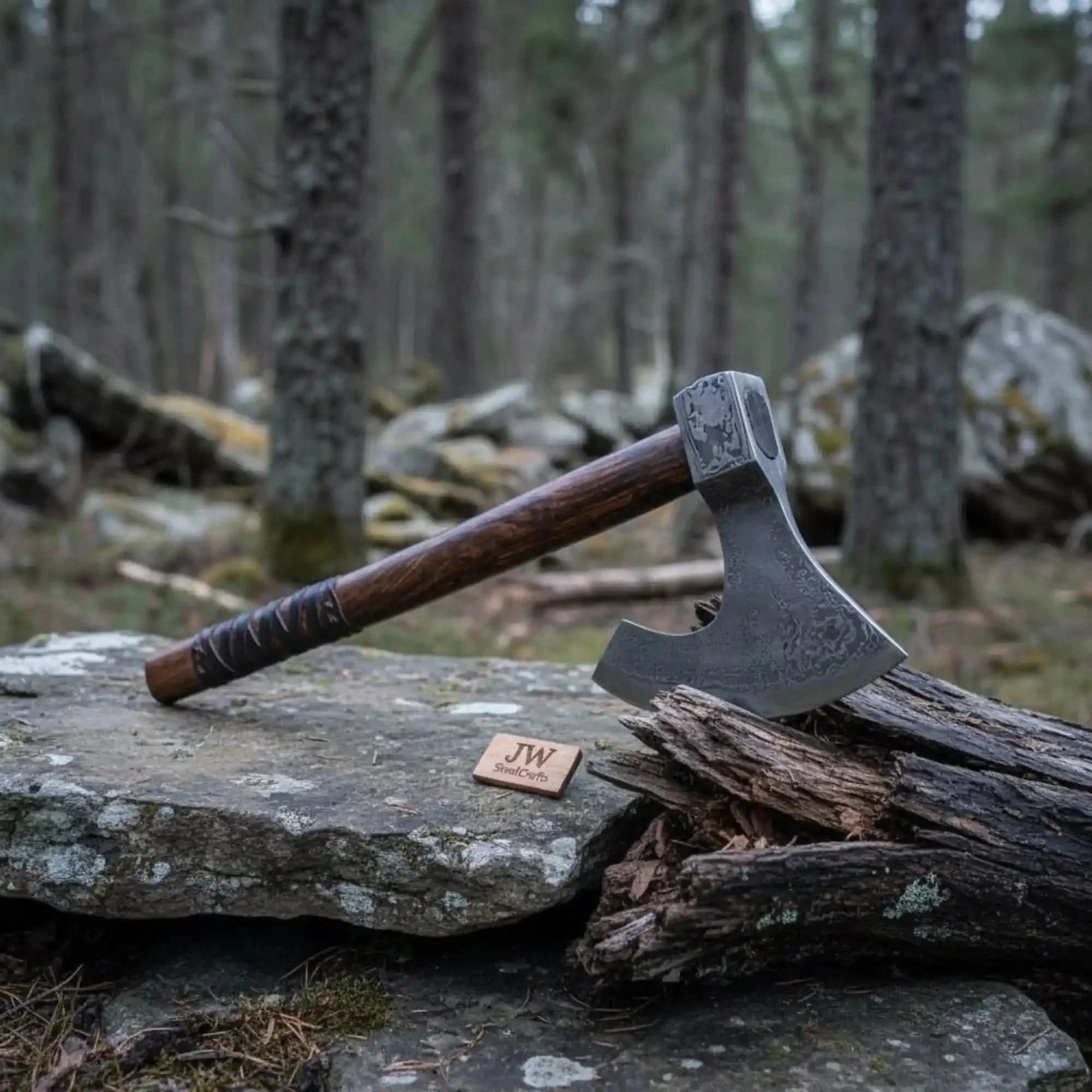 Handmade Damascus Steel Bearded Viking Axe with Hardwood Handle – Custom Forged Norse Camp Axe | JW SteelCrafts