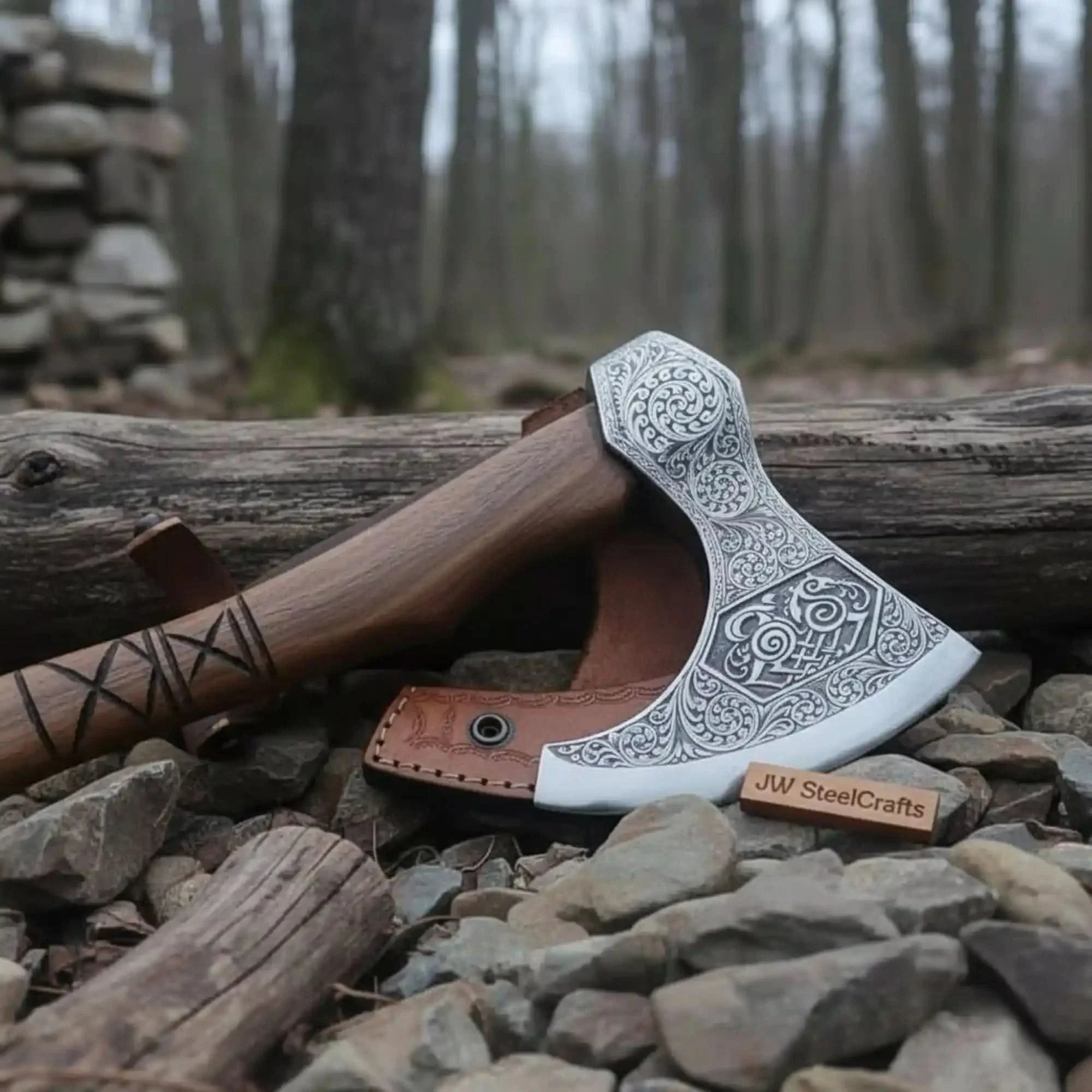 Norse Pattern Acid Etched Bushcraft Belt Viking Bearded Axe with Leather Carry Sheath