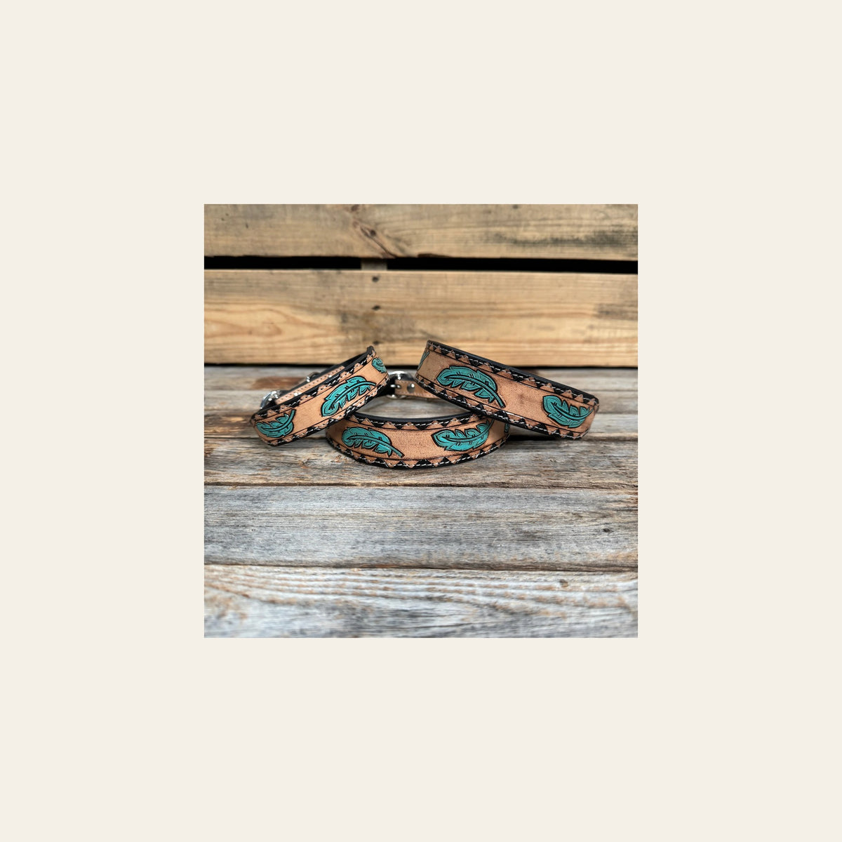Turquoise Feather Genuine Leather Padded Dog Collar #FKDC4 on a warm cream background