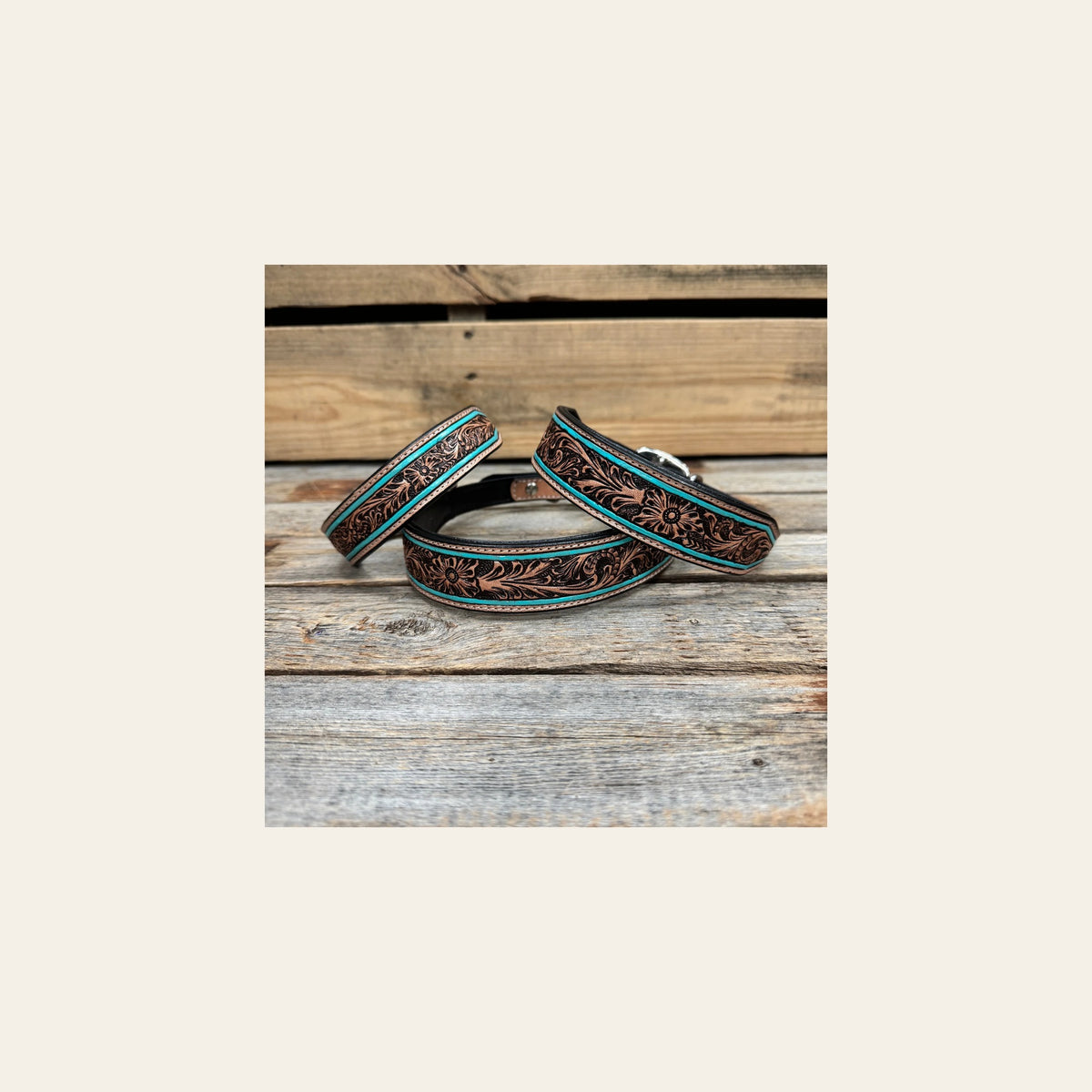 Turquoise Floral Genuine Leather Padded Dog Collar #FKDC1 on a warm cream background