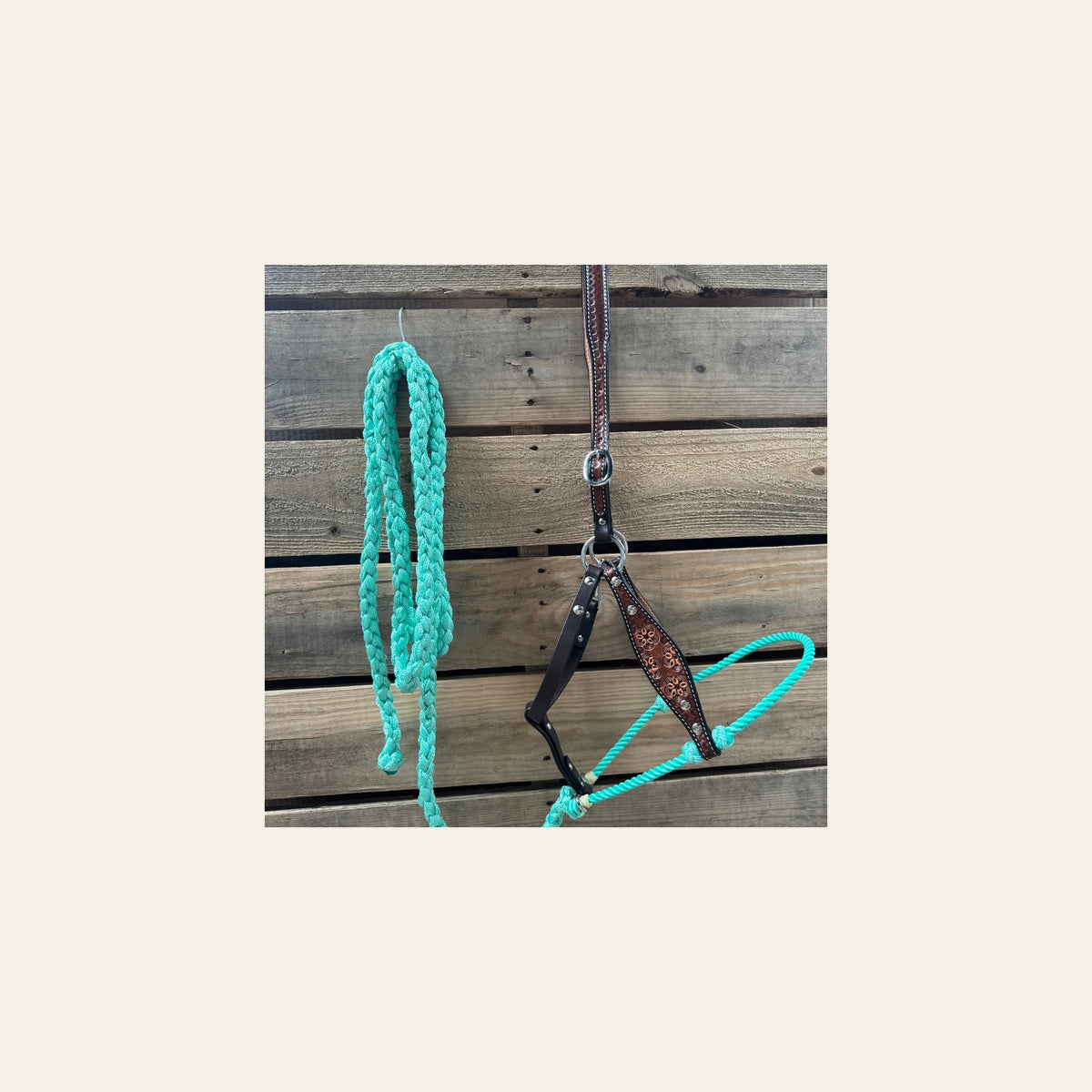 Turquoise Flower Power Tooled Lariat & Leather Combo Halter on a warm cream background