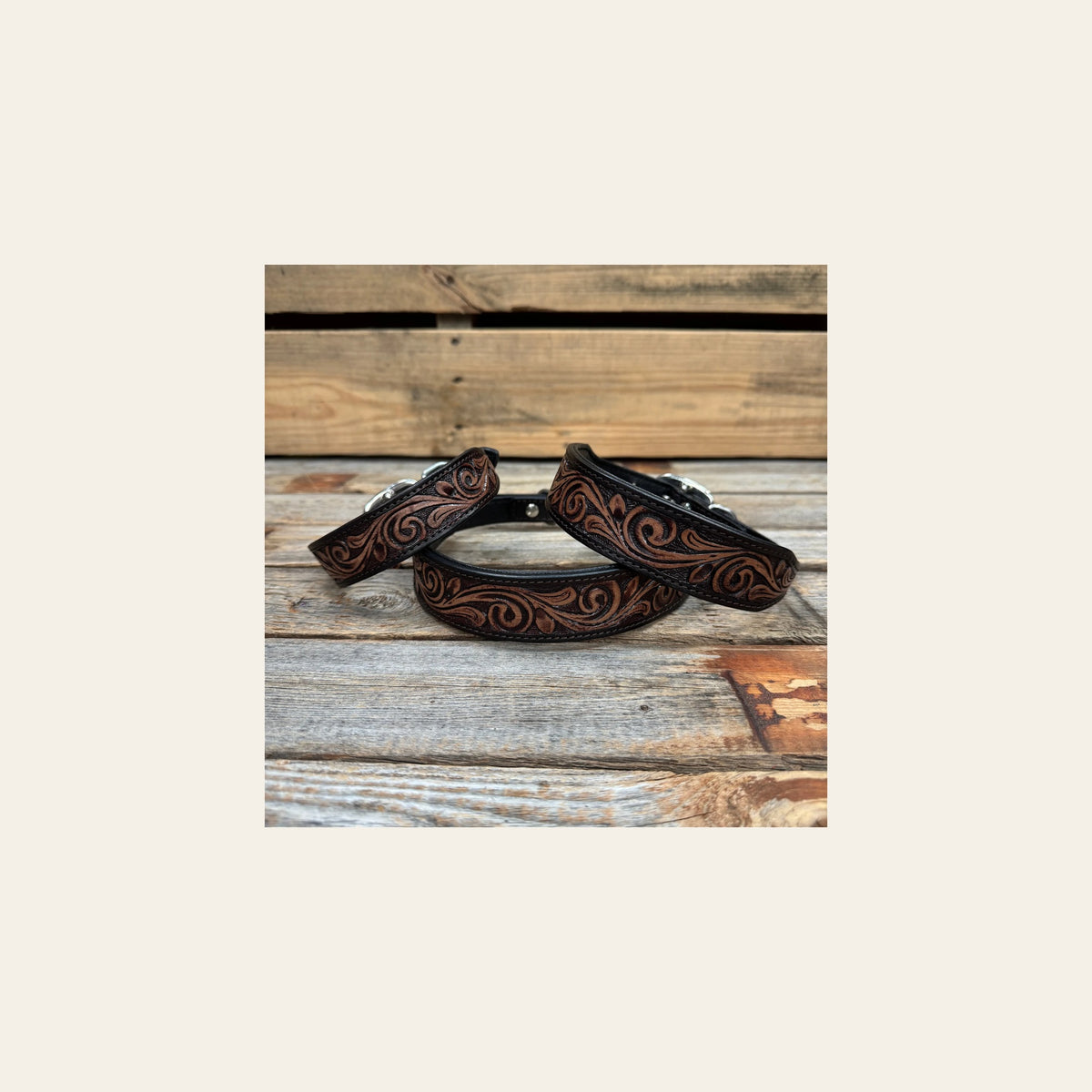 Two Tone Floral Genuine Leather Padded Dog Collar #FKDC2 on a warm cream background